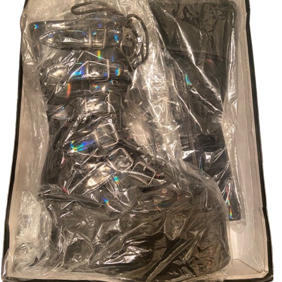 DEMONIA BOOTS DAMNED 225 BLACK HOLOGRAM KNEE HIGH MID-CALF PLATFORM BOOTS SIZE 8 - Picture 5 of 8